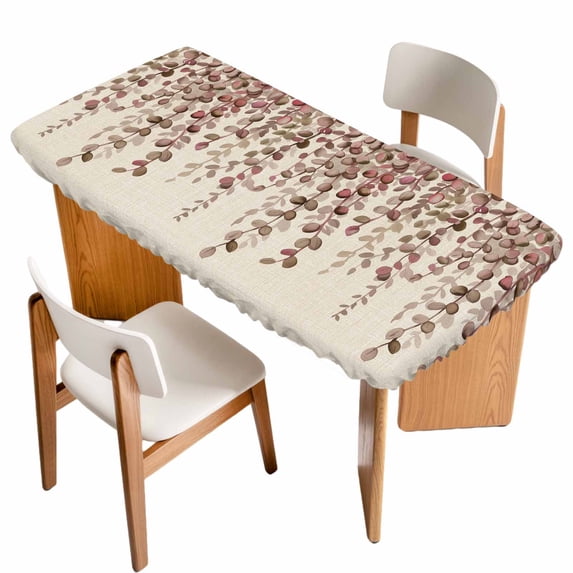 Brown Eucalyptus Leaves Table Cloths for 4 Foot Rectangle Tables, Spring Leaves Plants Country Beige Patio Waterproof Elastic Fitted Tablecloths, Washable Rectangular Table Cover for Camping