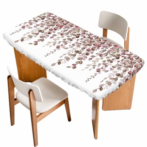 Brown Eucalyptus Leaves Table Cloths for 6 Foot Rectangle Tables, Spring Leaves Plants Country Patio Waterproof Elastic Fitted Tablecloths, Washable Rectangular Table Cover for Camping