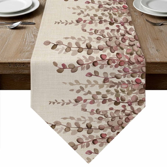 Brown Eucalyptus Leaves Table Runner Linen Burlap Table Runner 90 Inches Long Spring Leaves Plants Country Beige Dresser Scarves for Kitchen Island Coffee Dining Party Wedding Holiday Decor 13"x90"