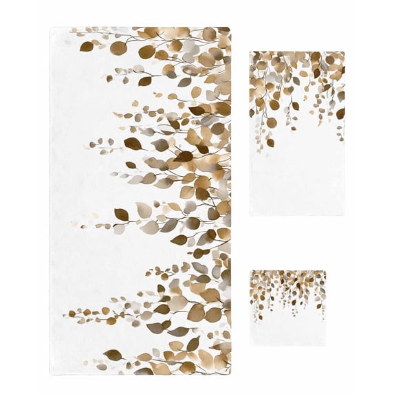 Brown Eucalyptus Leaves Towel Set of 3, Soft Microfiber Bath Towels, Hand Towel, Washcloths, Summer Watercolor Leaf Quick-Dry Absorbent Towels for Bathroom Kitchen Hotel Beach Gym Spa