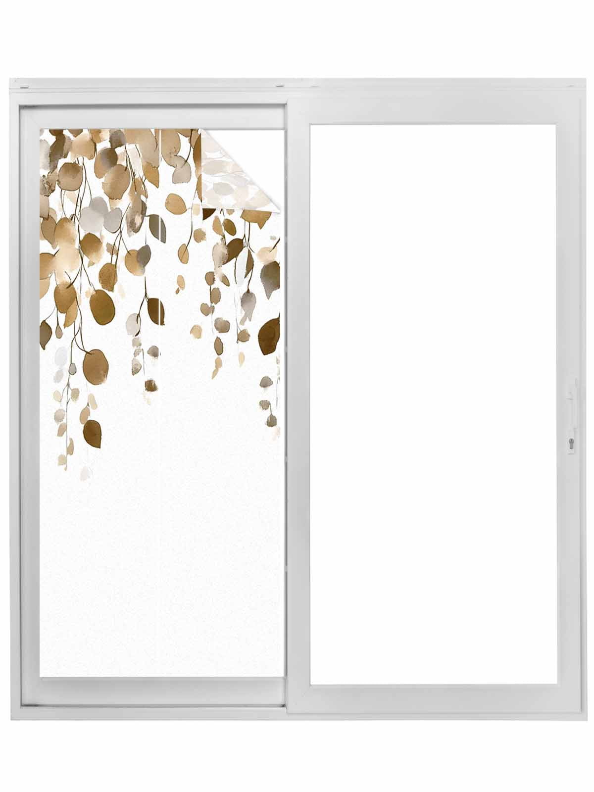 Brown Eucalyptus Leaves Window Privacy Film, Summer Watercolor Leaf Static Cling UV Sun Blocking Tint Film Heat Control Windows Films for Bedroom Bathroom, Window Stickers 29.5"x78.7"