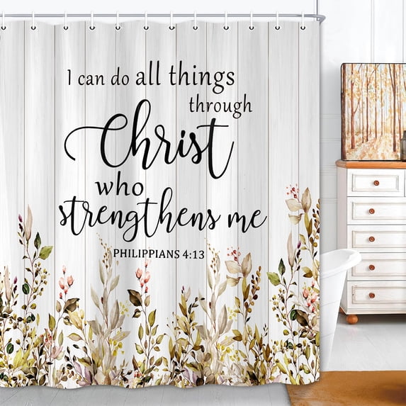 Brown Eucalyptus Shower Curtain,Rustic Farmhouse Leaves on Vintage Wood Boards Bath Curtain,Waterproof Washable Fabric Shower Curtains for Bathroom,Inspirational Quote Curtain Set With Hooks 70X70in