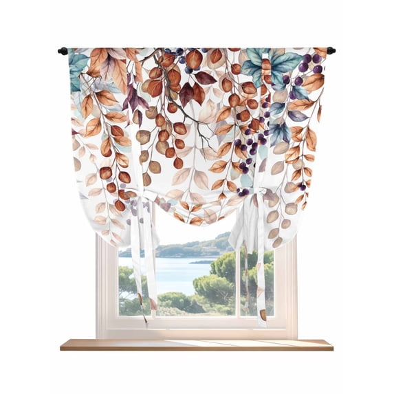 Brown Eucalyptus Tie Up Curtains for Windows 63 Inch Length Balloon Curtains Kitchen Adjustable Balloon Window Shade Summer Botanical Weeping Pastoral Tie Up Valance Bathroom Curtain Window 46"x63"