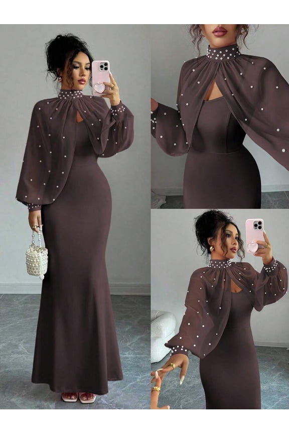 Brown Evening Gown With Beaded Sheer Cape, Mermaid Bodycon Slip Dress