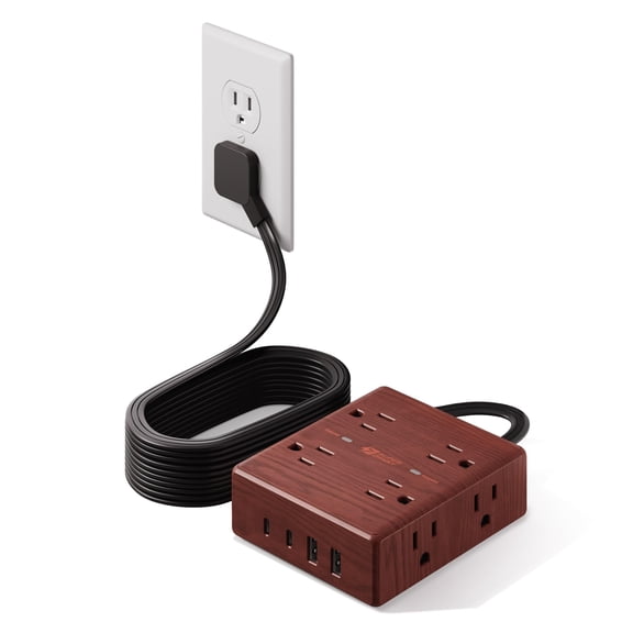 Brown Extension Cord 10ft  Flat Plug Power Strip Surge Protector 8 Outlet 4 Usb Ports (2 C) Wall Mountable Decorative Wood Charging Station For Home Office Desk Accessories -wood Grain