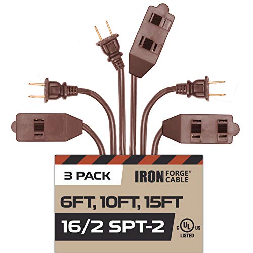 Brown Extension Cord 3 Pack, 6ft 10ft & 15ft 16/2 Durable Electrical