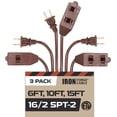 thumbnail image 1 of Iron Forge Cable Brown Extension Cord 2 Prong 3 Outlet, 3 Pack of 6ft 10ft & 15ft, 16/2 Indoor Extension Cord with Multiple Outlets, 13 AMP 2 Prong Electrical Cable for Home, Office, Dorm, 1 of 6