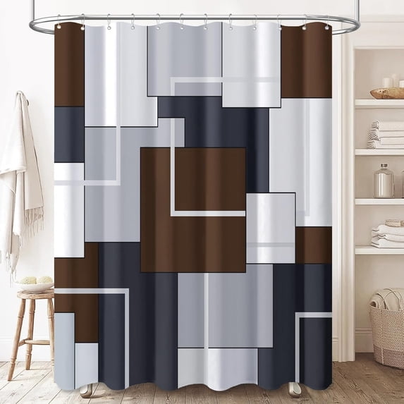 Brown Fabric Shower Curtain - Geometric Shower Curtain Set with 12 Plastic Hooks, Water Repellent, Machine Washable, Modern Decorative Polyester Cloth Shower Curtains for Bathroom - 72x72