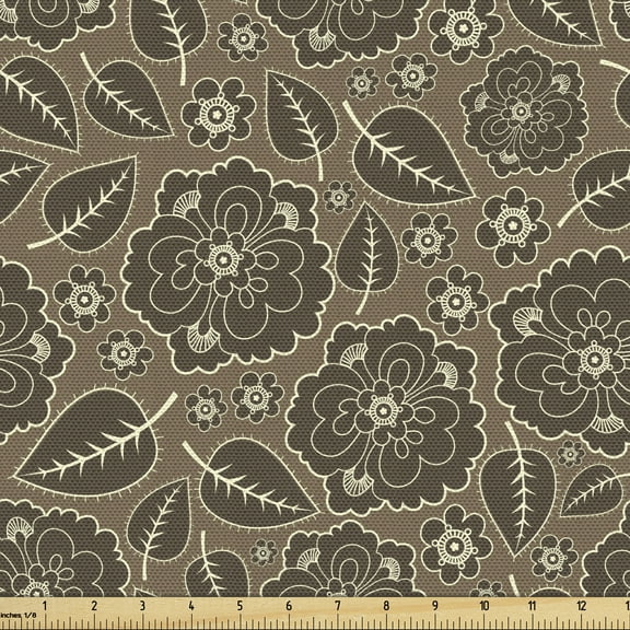 Ambesonne Brown Fabric by the Yard Upholstery, Leaves Flowers Vintage, 1 Yard, Brown Taupe
