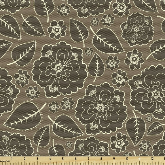 Ambesonne Brown Fabric by the Yard Upholstery, Leaves Flowers Vintage, 2 Yards, Brown Taupe