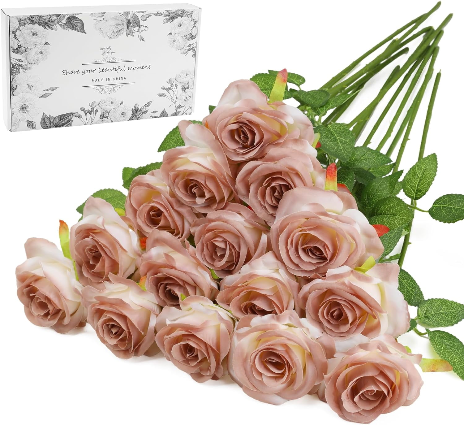 Brown Fake Roses Artificial Flowers - Fake Artificial Roses Silk Flowers with Stems for Home Wedding Hotel Office Centerpiece Decor（Gradient Brown）