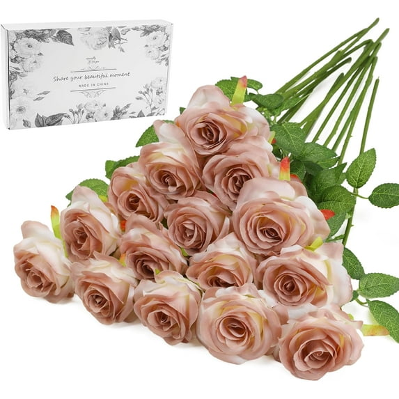Brown Fake Roses Artificial Flowers - Fake Artificial Roses Silk Flowers with Stems for Home Wedding Hotel Office Centerpiece Decor(Gradient Brown)