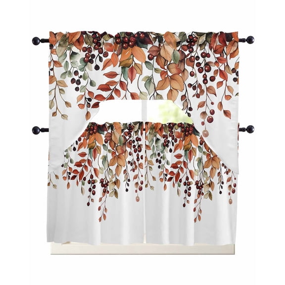 Brown Fall Leaves Kitchen Curtains Sets 24 Inch Length with Valance, Fruit Pulp Autumn Pastoral Plants Swag Valances and Tiers Curtain Set Drapes Swag Curtains for Living Room, Bathroom, Bedroom