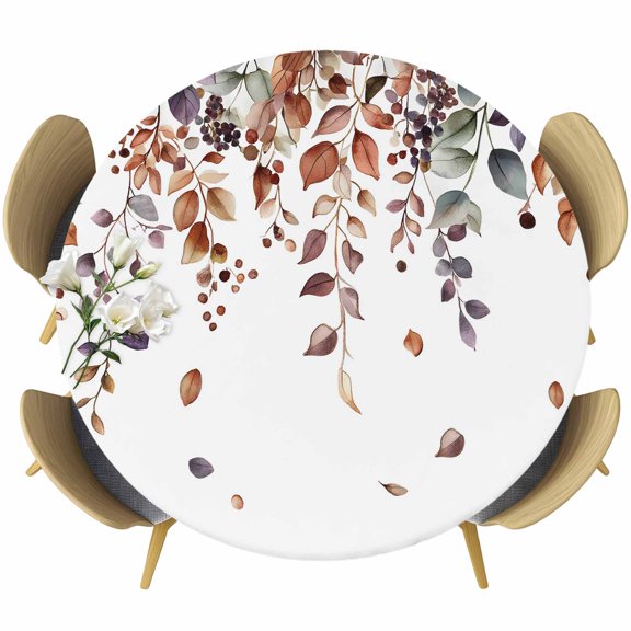 Brown Fall Leaves Round Tablecloth 36-44 Inch Round Fitted Table Cloth with Elastic Edge, Country Fruit Farmhouse Plants Waterproof Table Cover Protector for Outdoor Picnic Party Dining