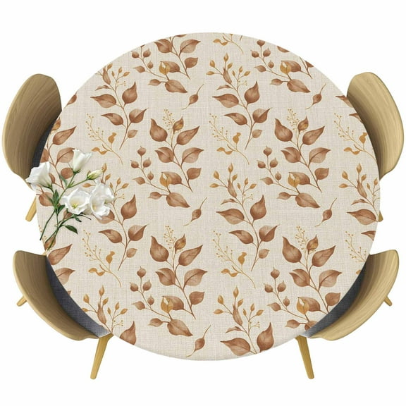 Brown Fall Leaves Round Tablecloth 36-44 Inch Round Fitted Table Cloth with Elastic Edge, Vintage Farmhouse Leaf Plants Waterproof Table Cover Protector for Outdoor Picnic Party Dining