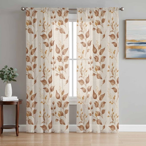 Brown Fall Leaves Sheer Curtains 63 Inch Length 2 Panels Set, Vintage Farmhouse Leaf Plants Voile Window Treatment Rod Pocket Curtains Sheers Drapes for Bedroom/Living Room/Kitchen 52x"63"x2