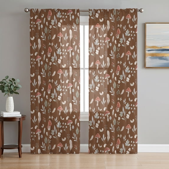 Brown Fall Mushroom Sheer Curtains 63 Inch Length 2 Panels Set, Dark Farmhouse Botanical Voile Window Treatment Rod Pocket Curtains Sheers Drapes for Bedroom/Living Room/Kitchen 52x"63"x2
