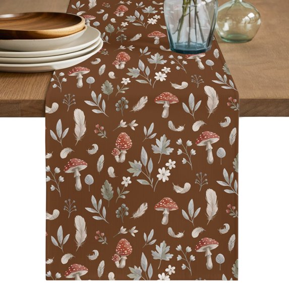 Brown Fall Mushroom Short Table Runner 36 Inches Long, Dark Farmhouse Botanical Cotton Linen Table Runners Dresser Scarves, Fabric Tabletop Scarf Furniture Cover for Home Dinner Party Decor 13"x36"