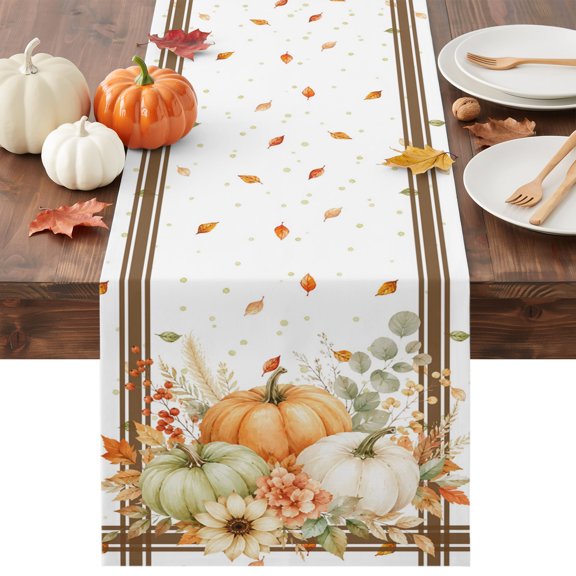 Brown Fall Table Runner - 36 Inch Long Thanksgiving Pumpkins Botanical Farmhouse Cotton and Linen Blended Dress Scarves Farmhouse Table Runner for Kitchen Dining, Coffee Table, 13" x 36"