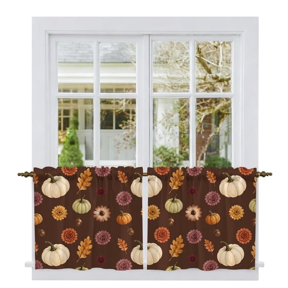 Brown Fall Tier Curtains 24 Inch Length, Thanksgiving Pumpkin Autumn Leaves Floral Cafe Short Curtains for Bathroom Over Sink, Small Kitchen Curtain Light Filtering Tiered Drapes 2 Panels 27.5"Wx24"L