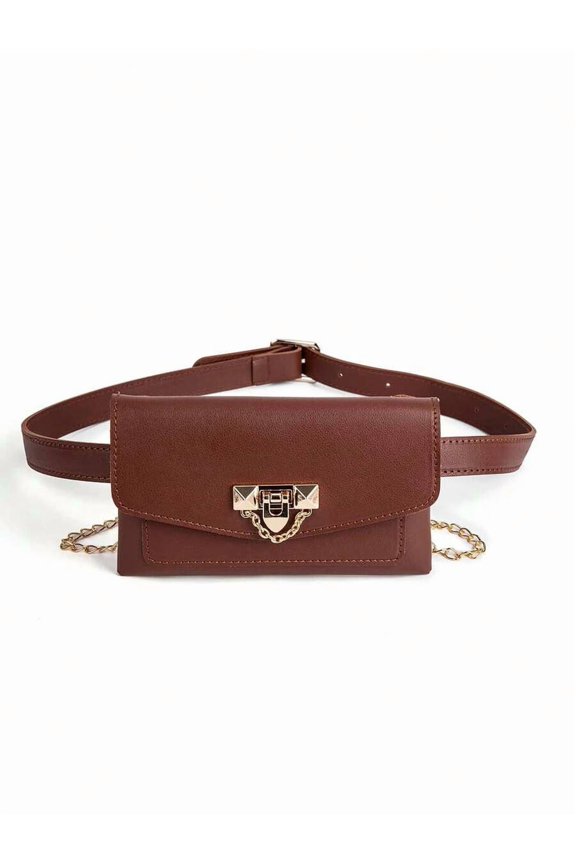 Brown Fanny Pack With Chain Accent And Metal Clasp Belt Bag