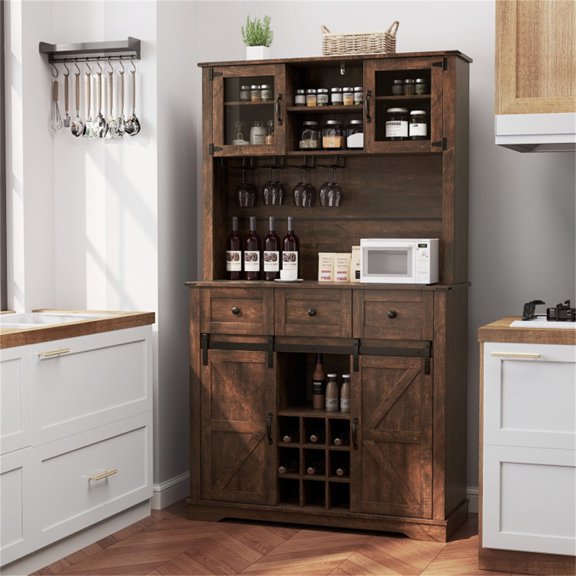 Brown Farmhouse 72 Pantry Cabinet with Hutch Sliding Barn Doors and Wine Storage Rack