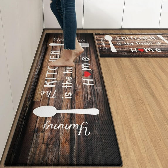 Brown Farmhouse Anti-Fatigue Kitchen Rug Set of 2 Knife Fork Home Wooden Vintage Cushioned Kitchen Floor Standing Mat Waterproof Non-Slip Kitchen Mat and Rugs PVC Ergonomic Comfort Foam Rug