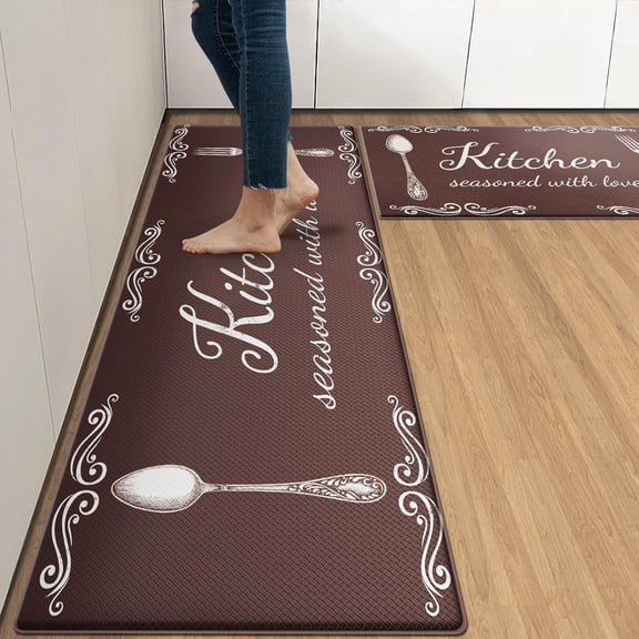 Brown Farmhouse Anti-Fatigue Kitchen Rug Set of 2 Knife Fork Rustic Vintage Cushioned Kitchen Floor Standing Mat Waterproof Non-Slip Kitchen Mat and Rugs PVC Ergonomic Comfort Foam Rug