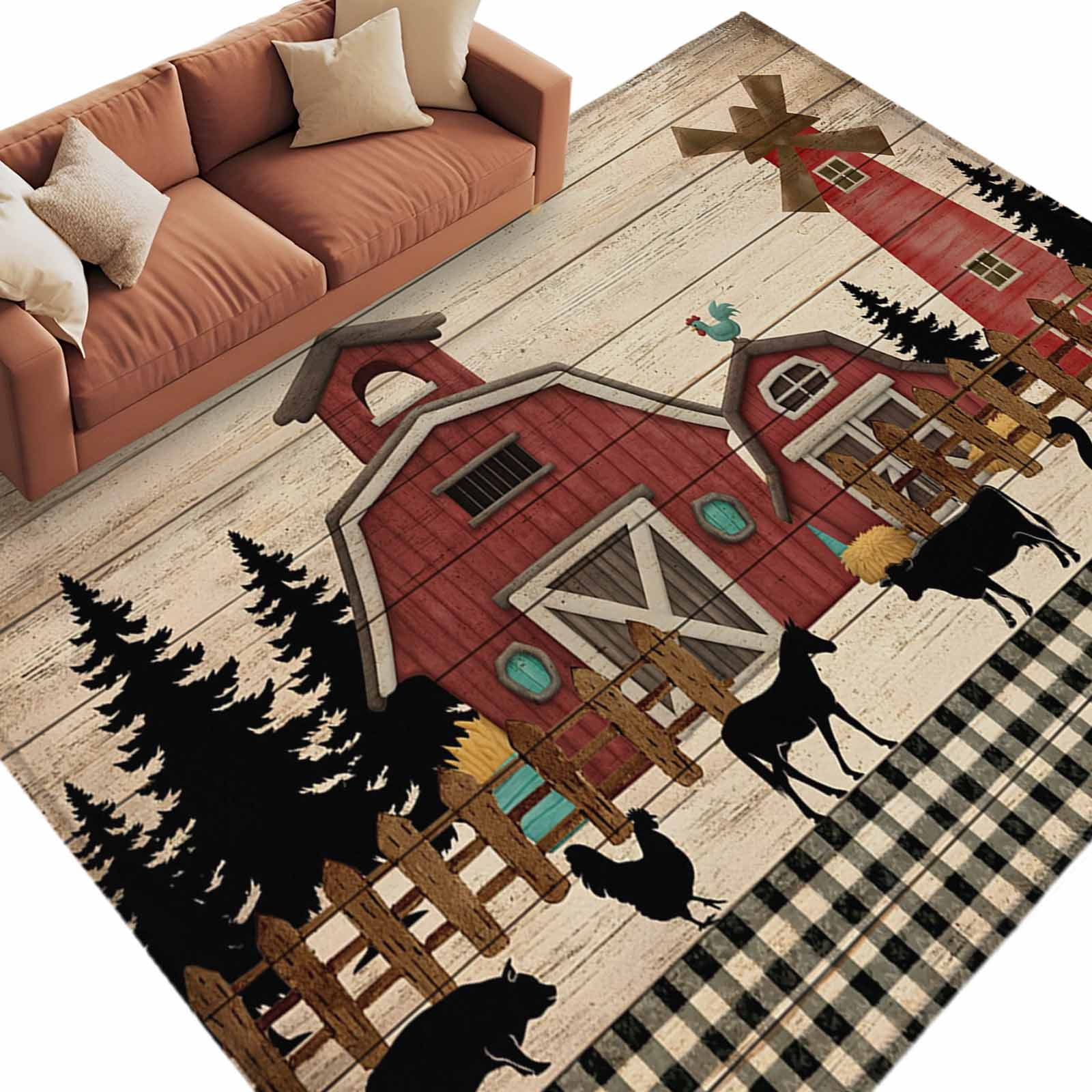 Brown Farmhouse Area Rugs Collection 5'x7', Vintage Country Animals ...