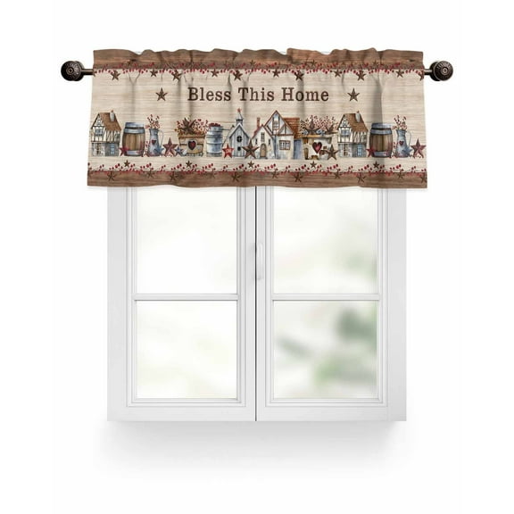 Brown Farmhouse Barn Stars Kitchen Valances for Windows Vintage Country Wood Texture Valance Curtains&nbsp; for Kitchen /Living Room/Bedroom/ Bathroom Decor, 54"x18 " ,Rod Pocket 1 Panel,