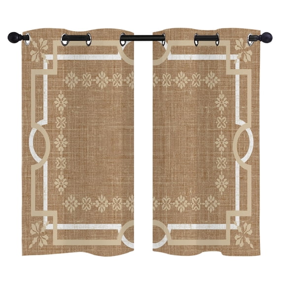 Brown Farmhouse Blackout Curtains 39 Inches Long, Linen Texture Geometric Lines Floral Boho Thermal Insulated Room Darkening Drapes with Grommets for Living Room 27.5"W x 39"L, 2 Panels
