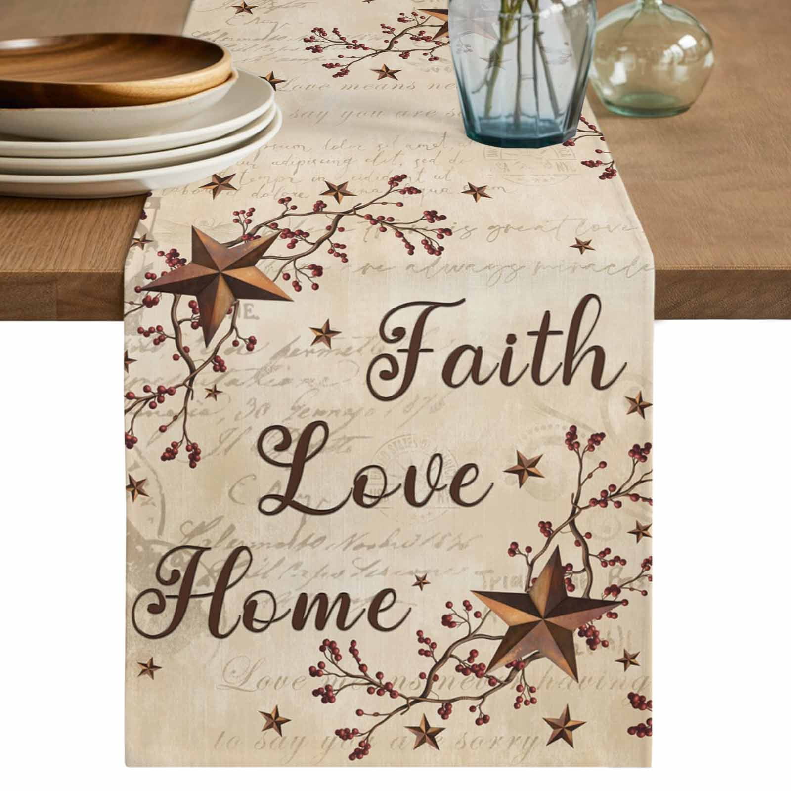 Brown Farmhouse Cotton Linen Table Runner for Dining Kitchen, Retro Country Stars Rustic Branches Berry Wedding Outdoor Party Tablerunners, Dresser Scarf Coffee Tablecloth Runners 13x120 Inches