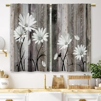 Brown Farmhouse Daisy Kitchen Curtains Wooden Flower Small Short Cafe Window Curtains Rustic Floral Butterfly Country Barn Plank Bathroom Drapes Treatment Tier Curtains (27.5x36 Inch)