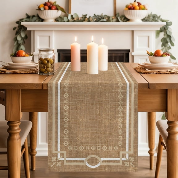 Brown Farmhouse Dining Table Runner, Linen Texture Geometric Lines Floral Boho Washable Table Runners Kitchen Coffee Table Center Decor for Home Party Holiday Wedding 13 x 120 Inches