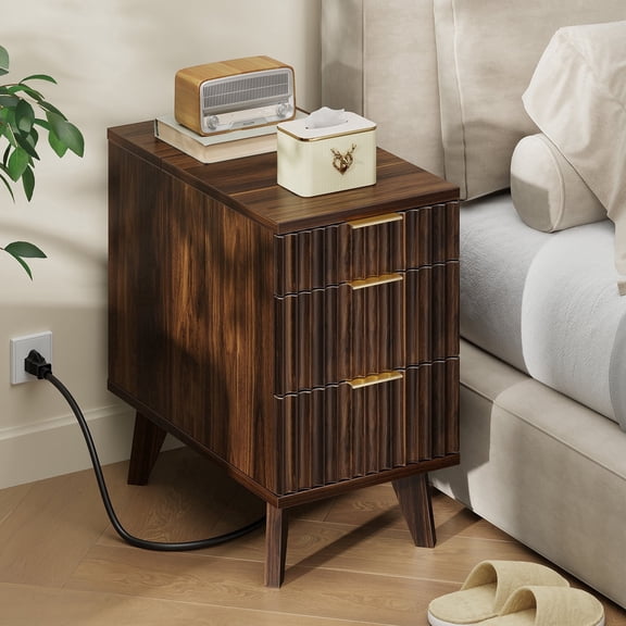 Biemlerfn End Table with Charging Station, Narrow Side Table for Living Room, Sofa Side Table with 3 Drawer and Storage Cabinet, Small Nightstand for Home Office, Brown