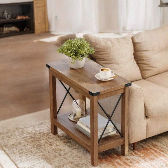 Brown Farmhouse End Table With Bottom Shelf, Side Table For Living Room Or Bedroom