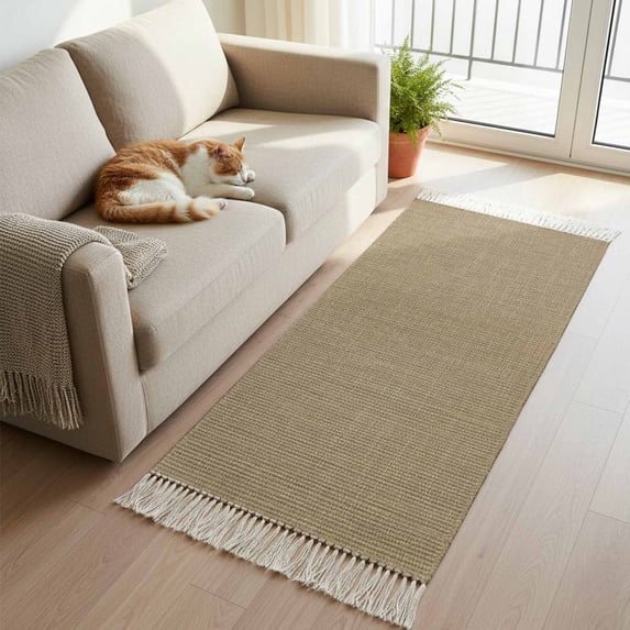 Brown Farmhouse Hallway Runner Rug 2'x6', Vintage Country Monochrome Textured Washable Entryway Rug with Tassels, Woven Cotton Laundry Room Rugs Long Carpet for Bathroom Sink Foyer Bedroom