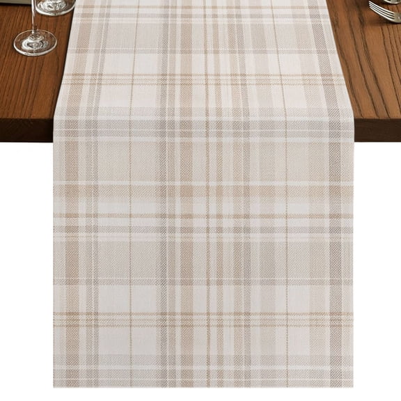 Brown Farmhouse Plaid Burlap Cotton Table Runner 13x36 Inches Short, Beige Buffalo Checkered Retro Farmhouse Table Runners, Outdoor Dining Tablecloths Decor for Baby Shower/Party/Wedding