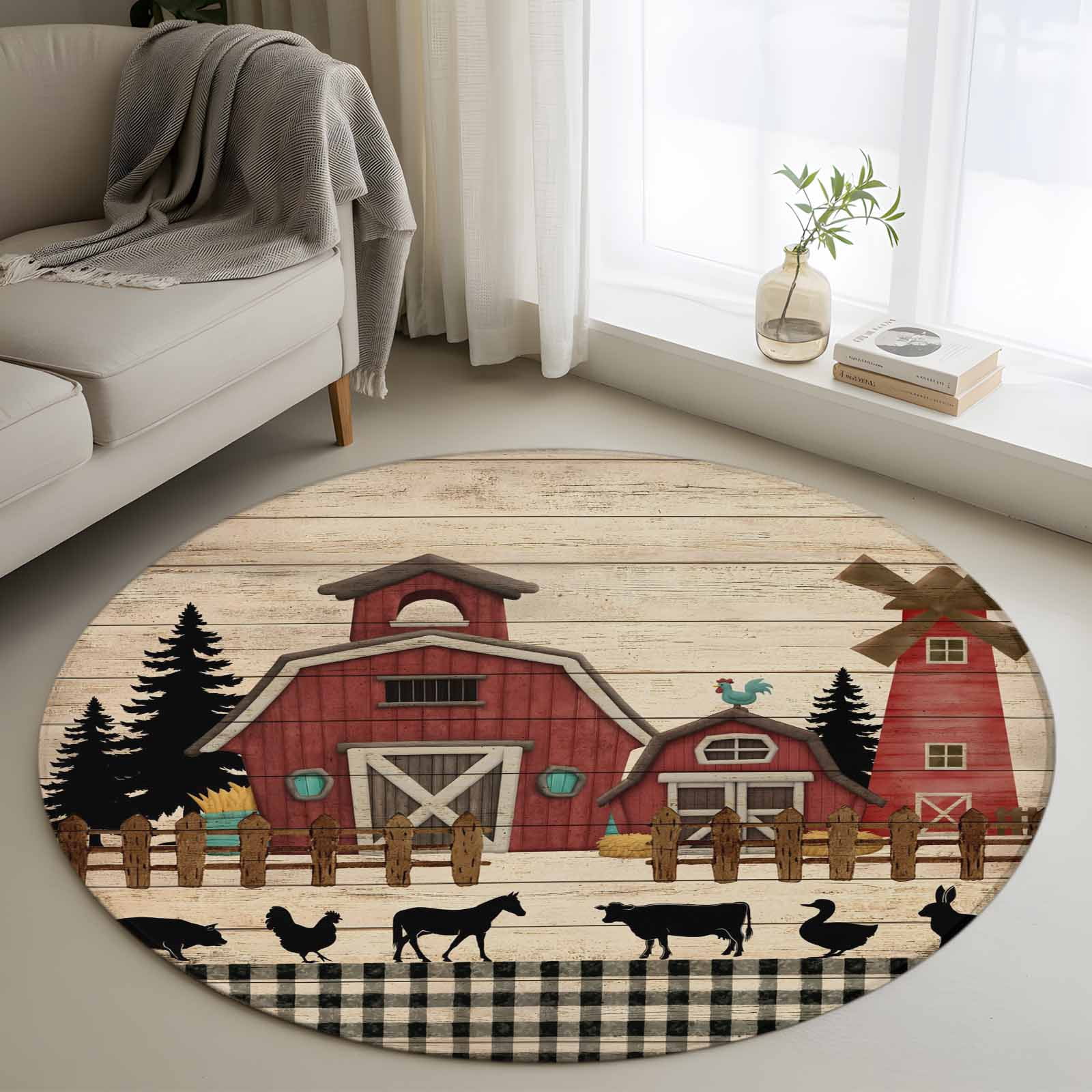Round Country Style Ruggable Rugs Brown Farmhouse Round Area Rug 3.3Ft Washable Circle Rugs for Dining ...