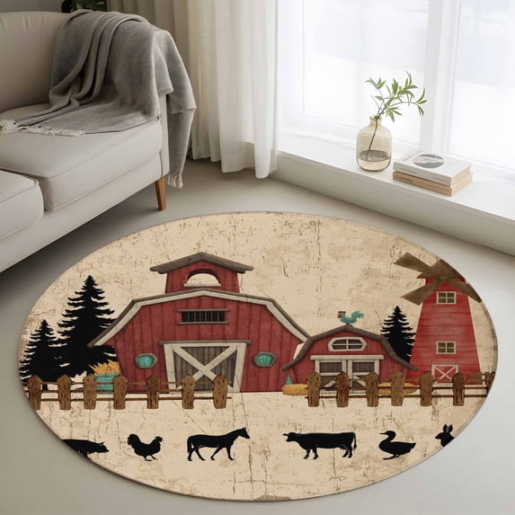 Brown Farmhouse Round Area Rug 4ft, Vintage Country Animals Cabin Forest Washable Non-Slip Circle Rugs for Bedroom Living Room Kitchen, Soft Non Shedding Circle Carpet for Dining Room Dorm