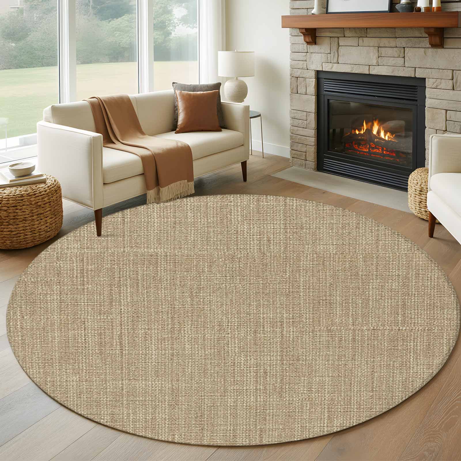 Brown Farmhouse Round Area Rug 6 FT, Non Slip Bedroom Area Rug, Vintage Country Monochrome Textured Washable Soft Circular Carpet Non-Shedding Floor Mat for Kitchen Dining Room Home Office Kids Room
