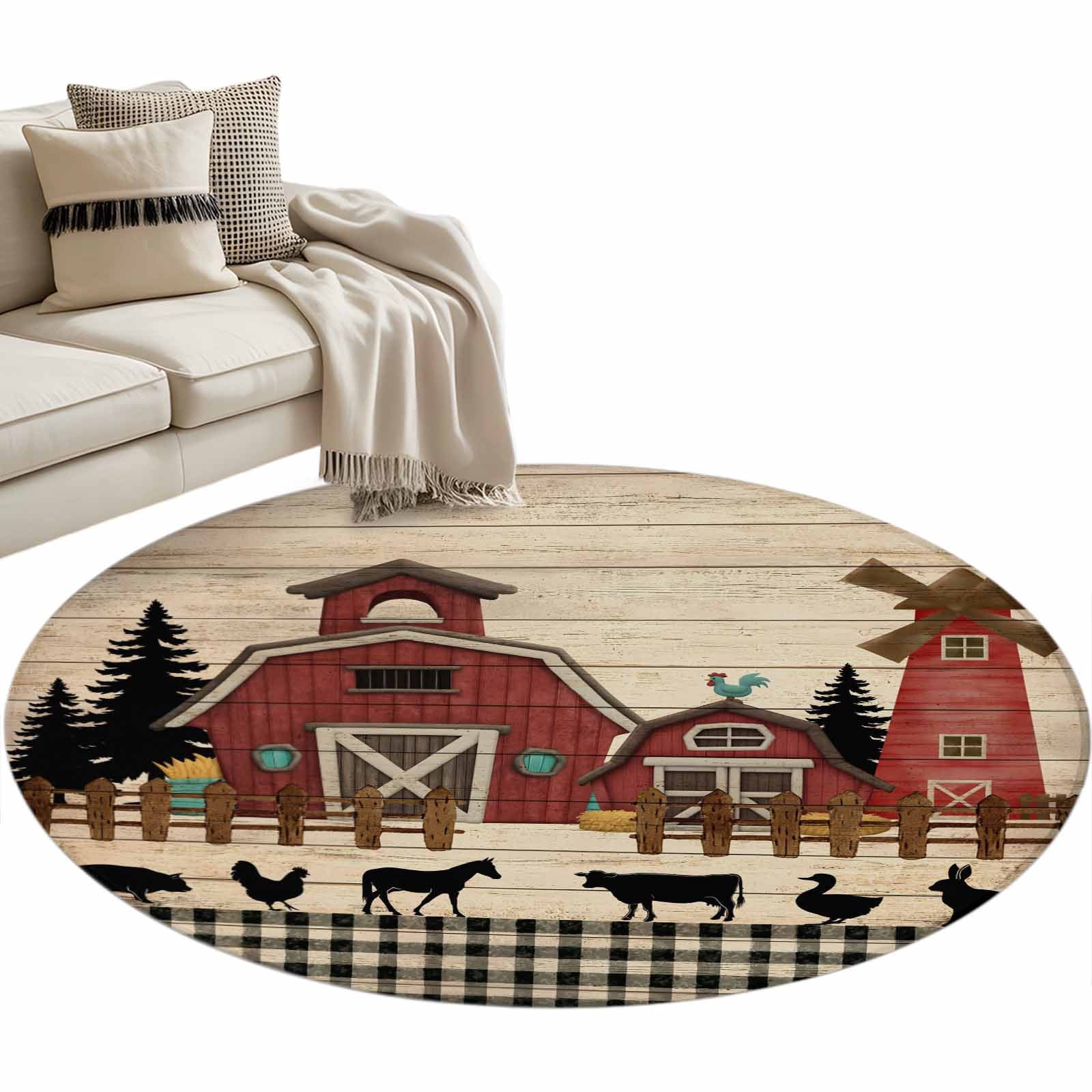 Round Animal Rug Brown Farmhouse Round Area Rugs Collection 3.3', Vintage Country ...