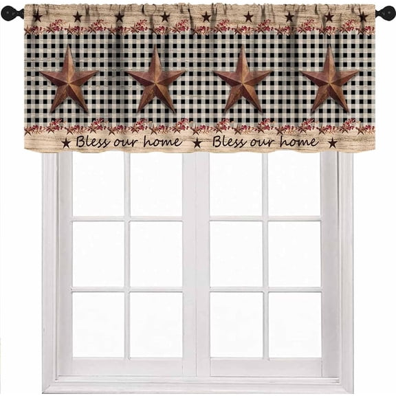 Brown Farmhouse Valance for Kitchen,Western Texas Star Berries Country Wooden Plank Pattern Small Short Window Treatment for Bedroom Living Room Bathroom Cafe 1 Piece,54x18 Inch