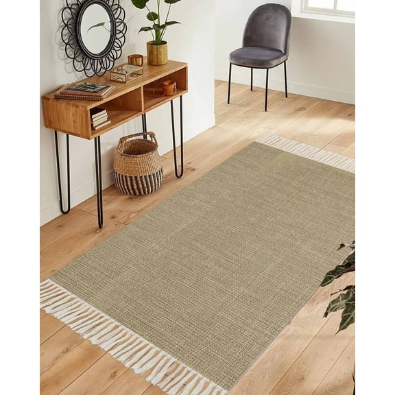 Brown Farmhouse Washable Area Rug 3'x5', Vintage Country Monochrome Textured Woven Cotton Tassels Kitchen Rugs, Non Slip Indoor Door Mat Throw Carpet for Entryway Living Room Nursery Laundry Room