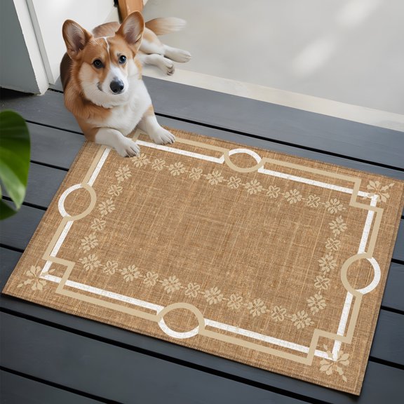 Brown Farmhouse Washable Entry Rug 2x3 Linen Texture Geometric Lines Floral Boho Low-Profile Area Rugs with Non Slip Backing Indoor Floor Carpet for Entrance Living Room Bedroom Home Office