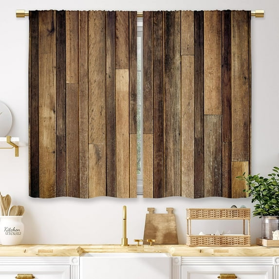 Brown Farmhouse Wooden Barn Door Kitchen Curtains Country Wood Western Small Short Cafe Window Curtains Rustic Vintage Bathroom Drapes Treatment Tier Curtains 2 Panels (27.5x39 Inch)