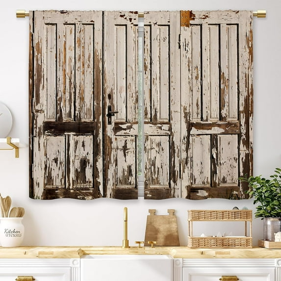 Brown Farmhouse Wooden Barn Door Kitchen Curtains Country Wood Western Small Short Cafe Window Curtains Rustic Vintage Bathroom Drapes Treatment Tier Curtains 2 Panels (27.5x39 Inch)