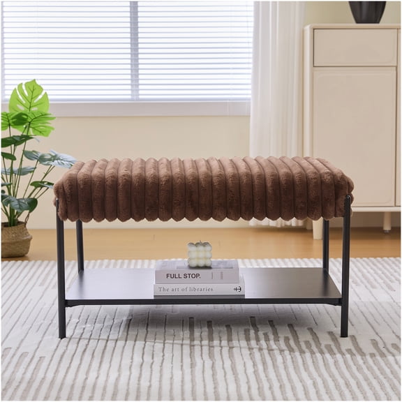 Brown Faux Fur Ottoman with Storage Shelf, Multi-Functional Footrest Coffee Table for Living Room, Bedroom, Entryway