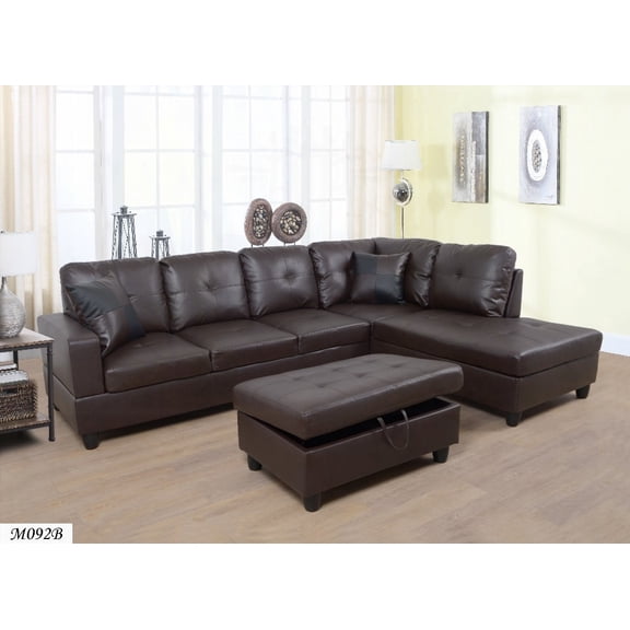 Modern Brown Faux Leather 3-Piece Sectional Sofa Set with Free Storage Ottoman (103" x 73.5" x 32")
