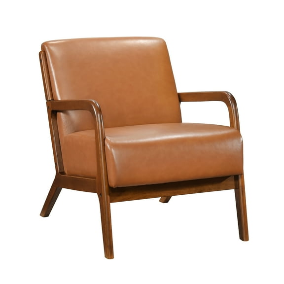 Brown Faux Leather Accent Chair For Living Room With Walnut Finish Frame Solid Rubberwood And Upholstery